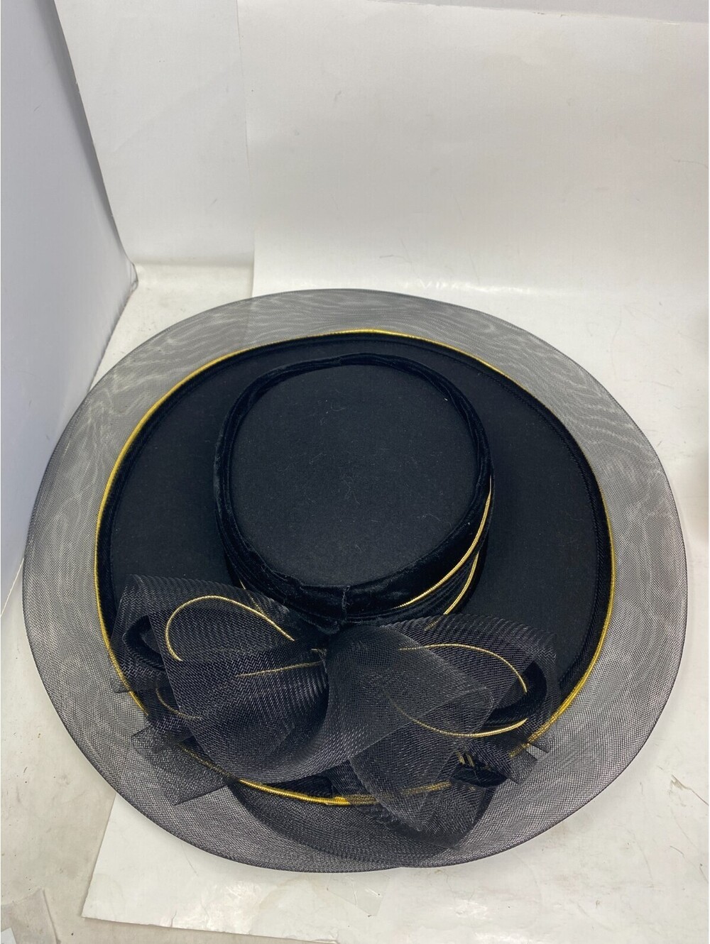 Deborah New York Vintage Black Wool Felt Church Hat Velvet Gold Crinoline Derby